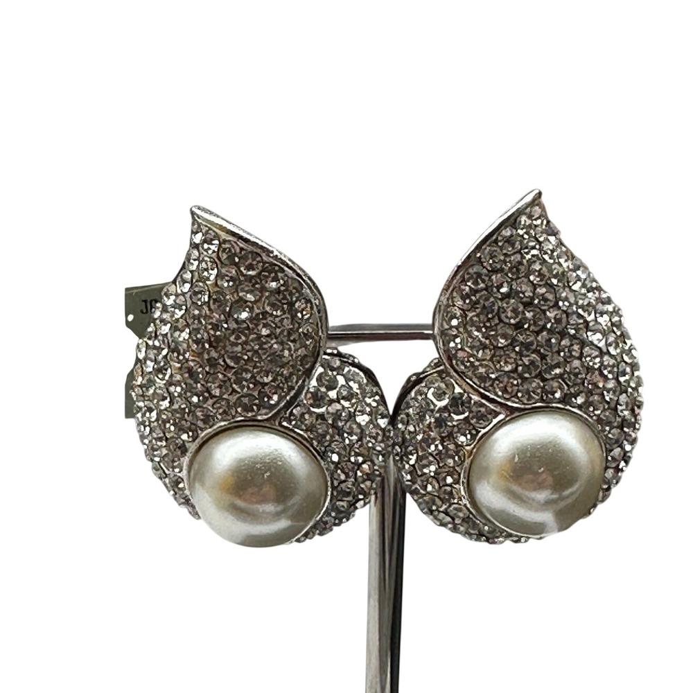 Vintage Jarin Silver Tone Pave Crystal Faux Pearl Clip On Earrings Swirl KC‎